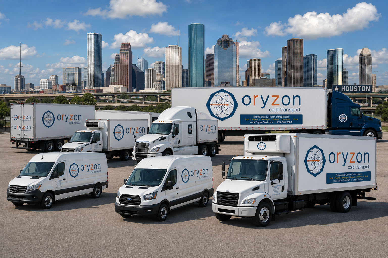 Oryzon Cold Transport full fleet lineup with Houston skyline