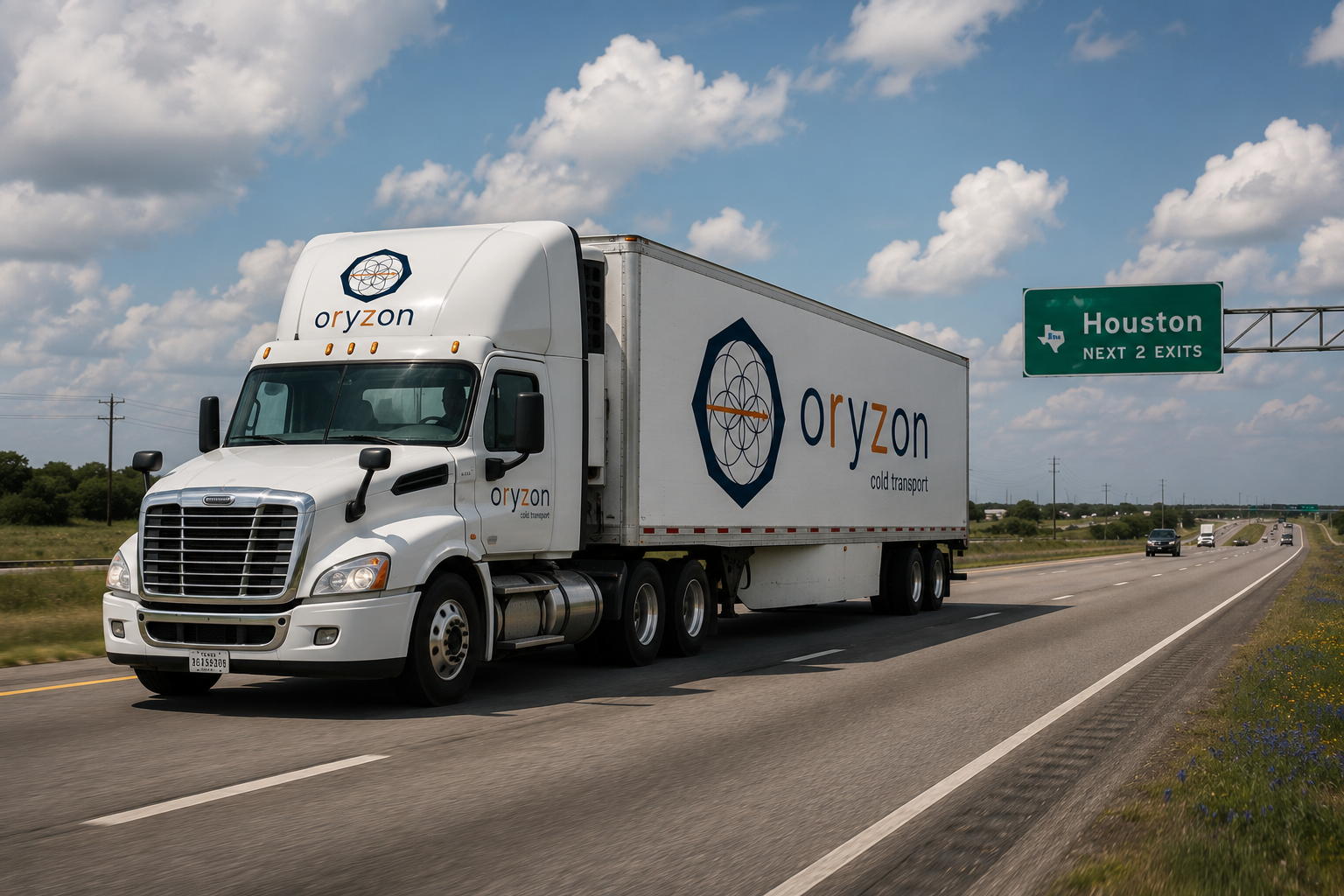 Oryzon Cold Transport refrigerated truck heading into Houston