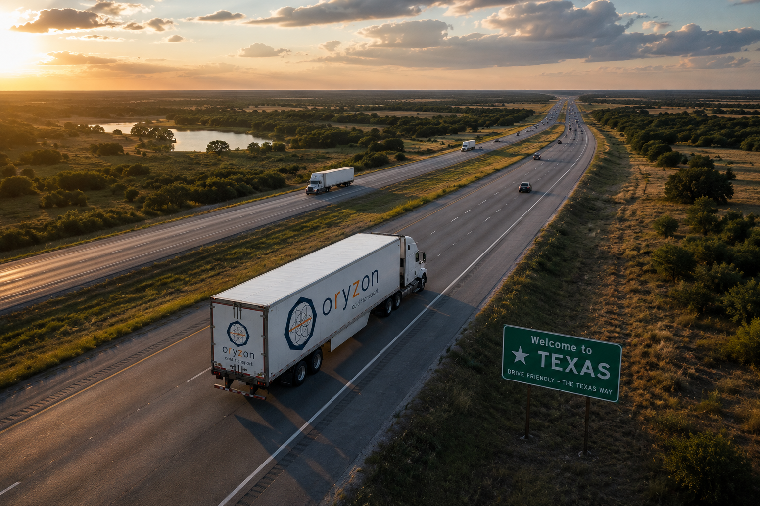 Oryzon Cold Transport semi truck on Texas highway at sunset — aerial view